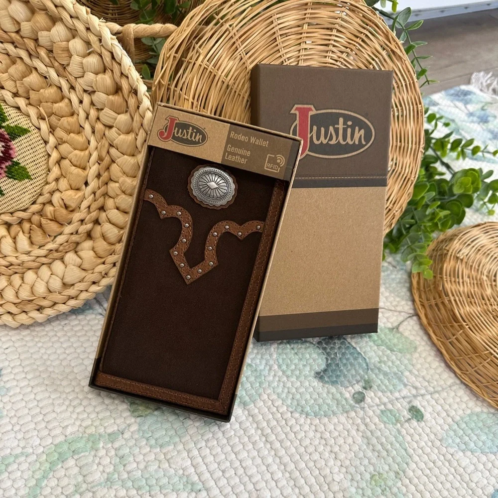 New Justin Men's Rodeo Wallet Brown Suede Genuine Leather RFID Checkbook Western